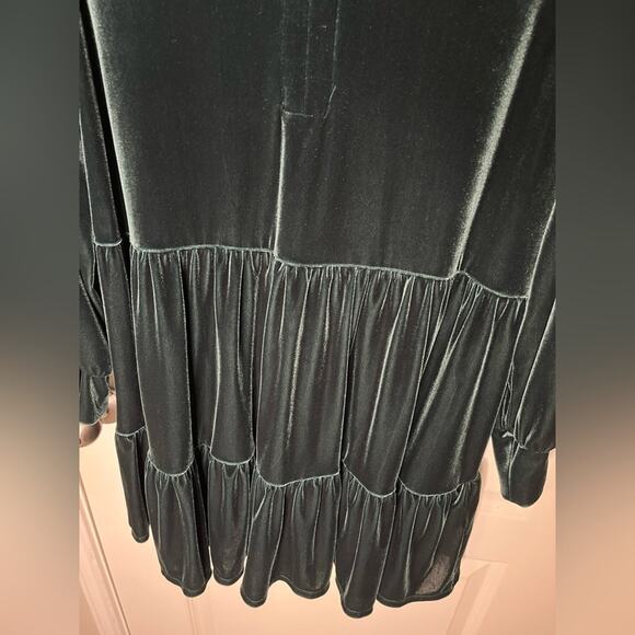 1.STATE Deep Green Velour Velvet Long Sleeve Ruffle Babydoll Dress w/ V-neck XL - Picture 6 of 11